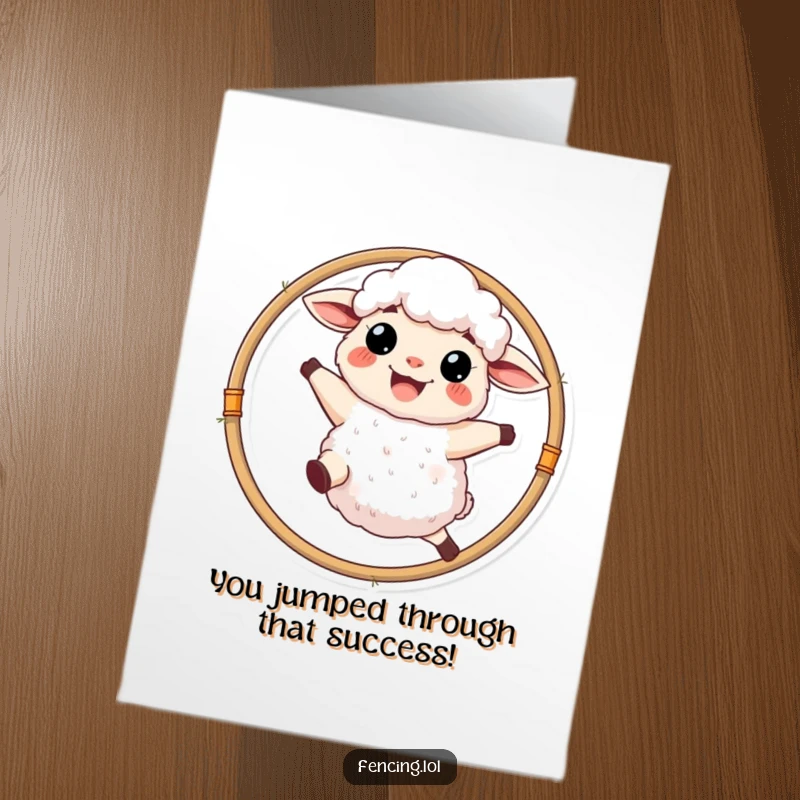 Funny Free Printable Congratulations Card: A fluffy sheep leaping through a hoop with a wide, proud grin. Humorous downloadable.