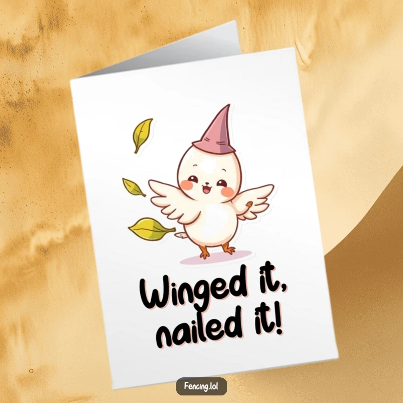 Funny Free Printable Congratulations Card: Cheerful winged creature with a tiny hat parries a playfully tossed leaf.