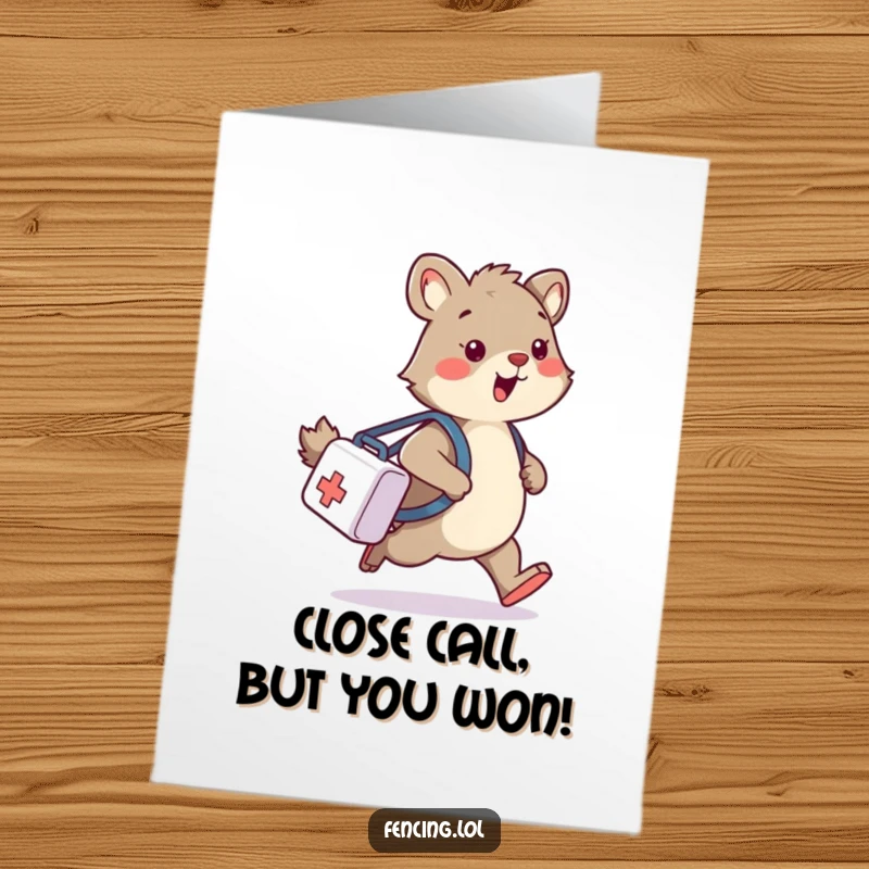 Funny Free Printable Congrats Card: A clumsy animal stumbling with a medical bag, a humorous recovery.