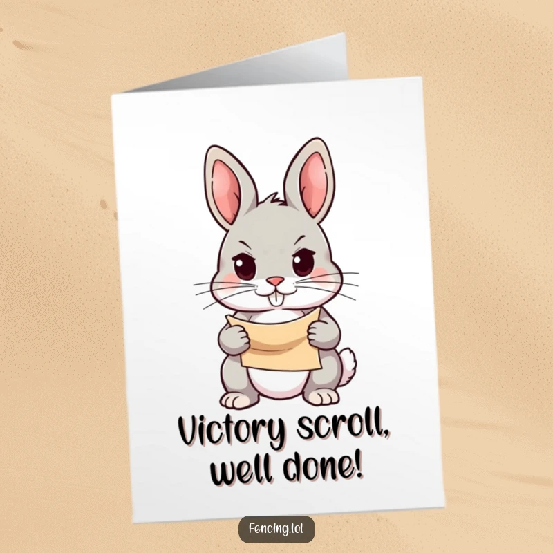 Funny Free Printable Congratulations Card with a determined rabbit holding a scroll, celebrating a triumph.