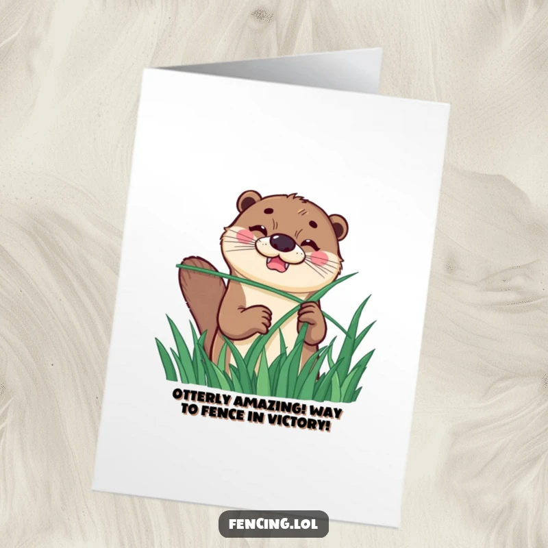 Funny free printable congratulations card showing a determined otter grass fencing, celebrating a victory.