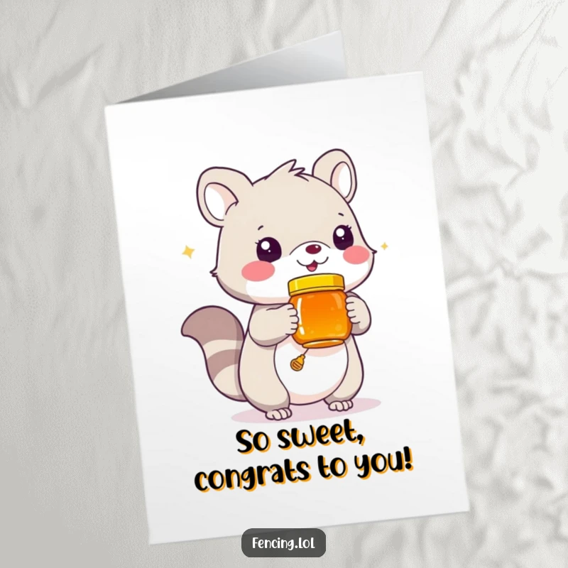 Funny Free Printable Congrats Card: Playful animal extending a jar of sweet honey, congratulating achievement.