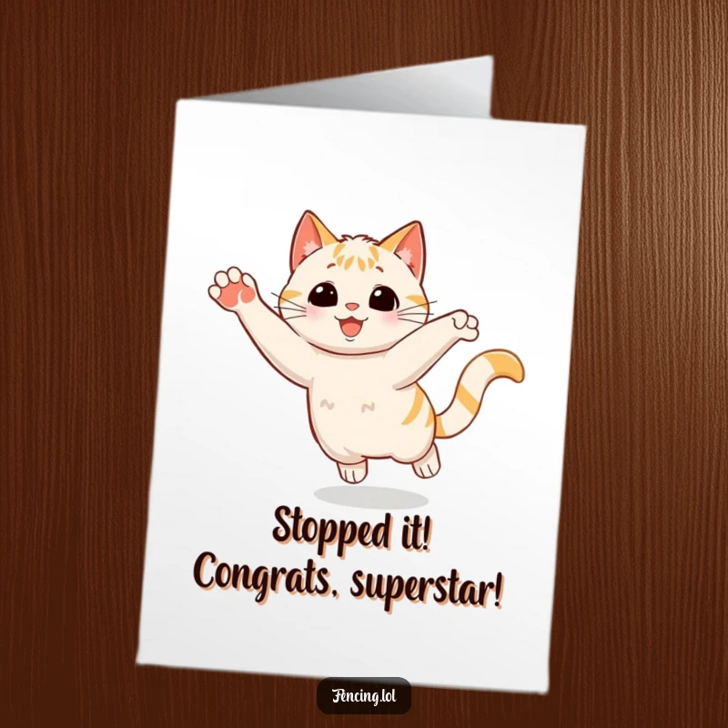 Funny Free Printable Congrats Card: Playful cat stopping suddenly with a flourish, symbolizing a well-earned moment of celebration.