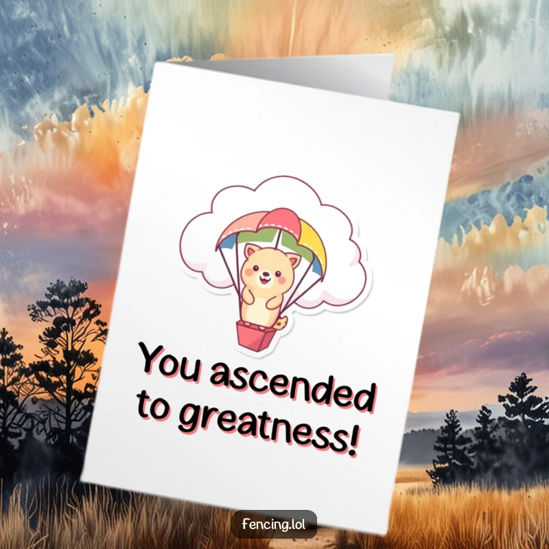 Funny Free Printable Congratulations Card: A happy animal drifts on a cloud with a colorful parachute, a delightful downloadable gift.