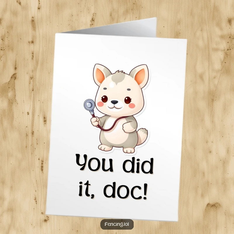 Funny Free Printable Congratulations Card: a determined animal doctor with a stethoscope tending to a plush toy, a witty downloadable gift.