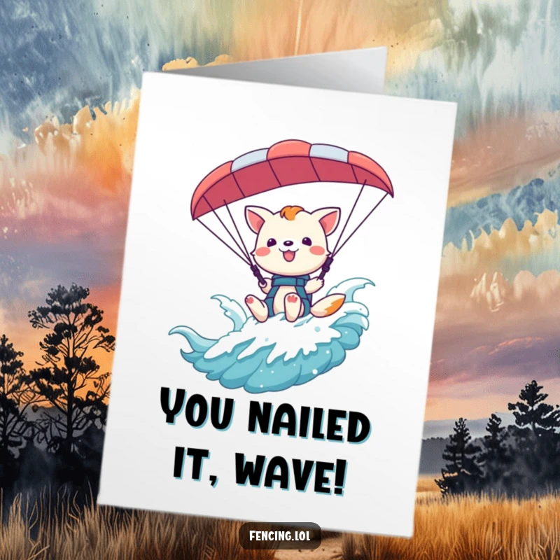 Funny Free Printable Congratulations Card: A playful animal waving happily from a paraglider harness, celebrating their achievements.
