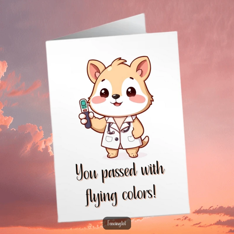 Funny Free Printable Congrats Card: An animal in a lab coat humorously checks a thermometer, celebrating a successful outcome.