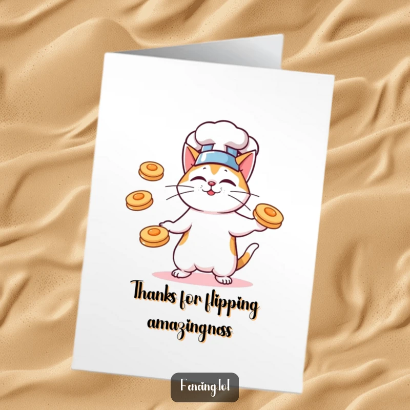 Funny Free Printable Thank You Card: A cat chef in a hat impressively juggles flying pancakes, expressing thanks.