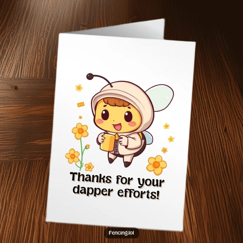 Funny Free Printable Thank You Card: Happy bee in a tiny suit collecting nectar, expressing thanks with dapper professionalism.