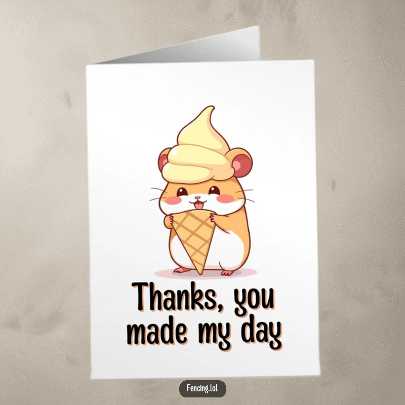 Funny Free Printable Thank You Card: A hamster hilariously tries to wear a giant ice cream cone, showing thanks.