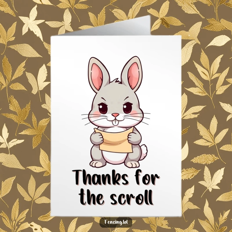 Funny Free Printable Thank You Card showing a determined rabbit holding a scroll, gazing with purpose, expressing sincere thanks.