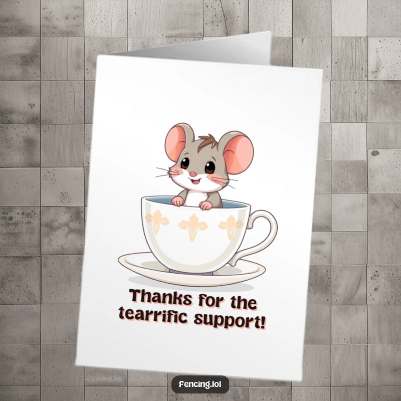 Funny Free Printable Thank You Card: A small mouse sitting bravely inside a huge teacup, looking content.