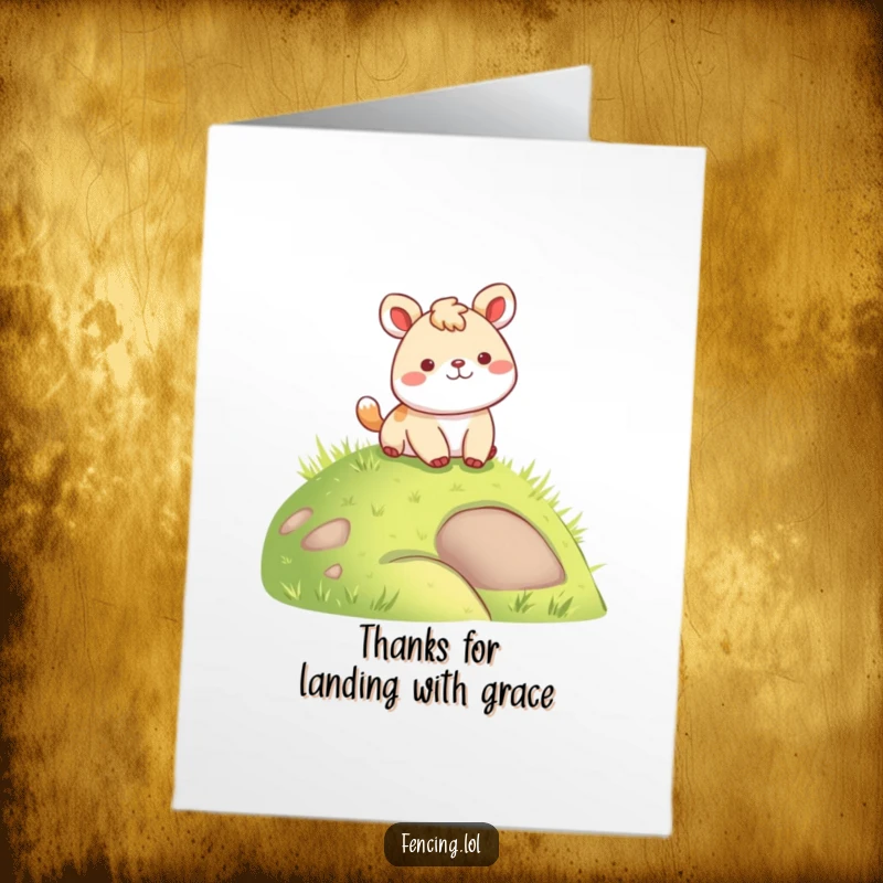 Funny Free Printable Thank You Card: Cheerful animal landing softly on a grassy hill, conveying gratitude.