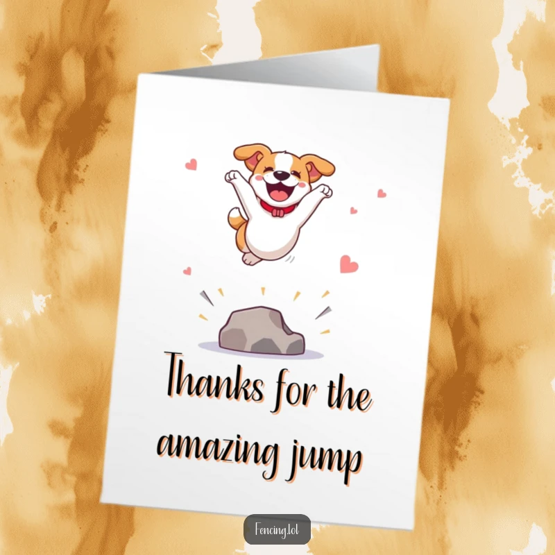 Funny Free Printable Thank You Card: A joyful dog leaping high for a spectacular vault, a humorous downloadable thank you.