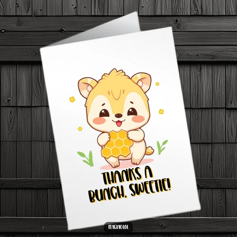 Funny Free Printable Thank You Card: Cute bee carefully holding a sticky honeycomb, conveying thanks.