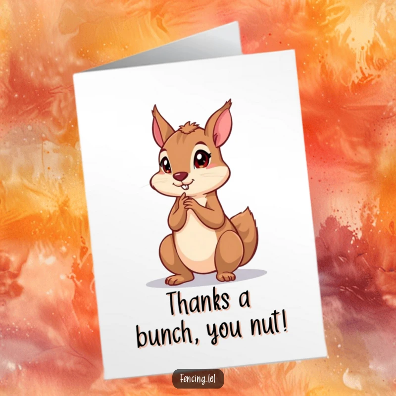 Funny Free Printable Thank You Card: Playful squirrel strikes a dramatic thinking pose, conveying gratitude, downloadable art.