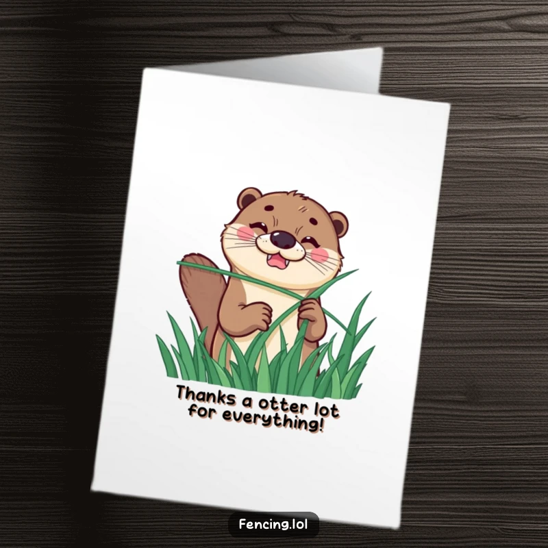 Funny free printable thank you card with a happy otter grinning while fencing with a grass blade.