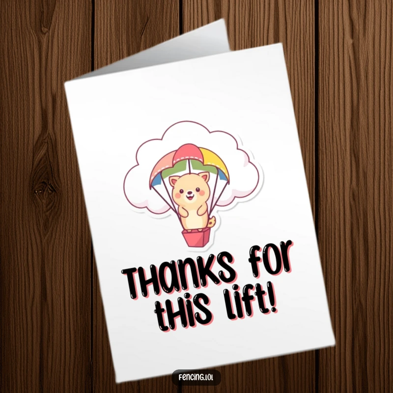 Funny Free Printable Thank You Card: A happy animal carried by a cloud and parachute, a joyful downloadable gift.