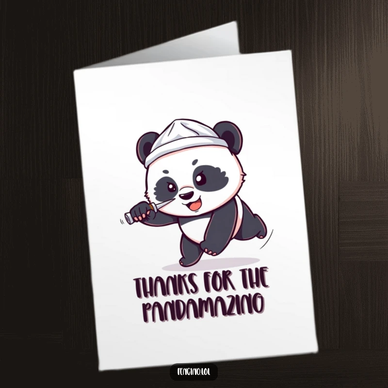 Funny Free Printable Thank You Card: Small panda wearing a tiny foil hat lunges forward with a foil.
