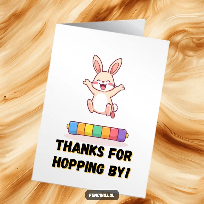 Funny Free Printable Thank You Card: A cheerful rabbit in a perfect high jump, conveying thanks with energetic grace.