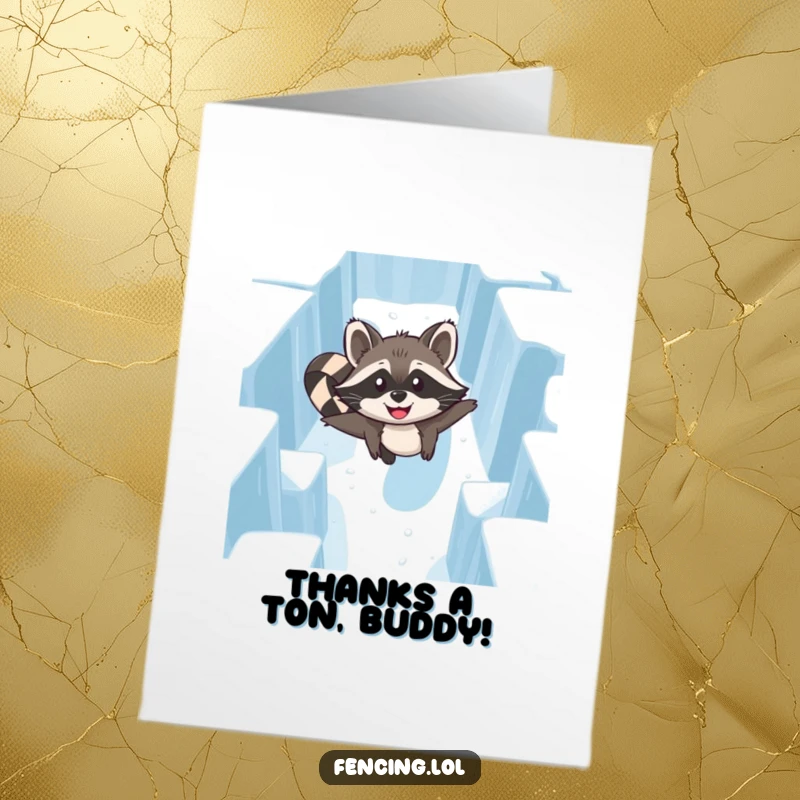 Funny Free Printable Thank You Card: A happy raccoon glides through an ice maze, expressing gratitude with a joyful expression.