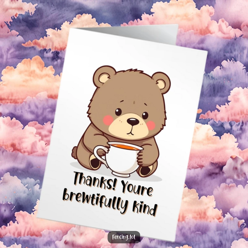Funny Free Printable Thank You Card: A bear thoughtfully gazing into a teacup to express thanks.