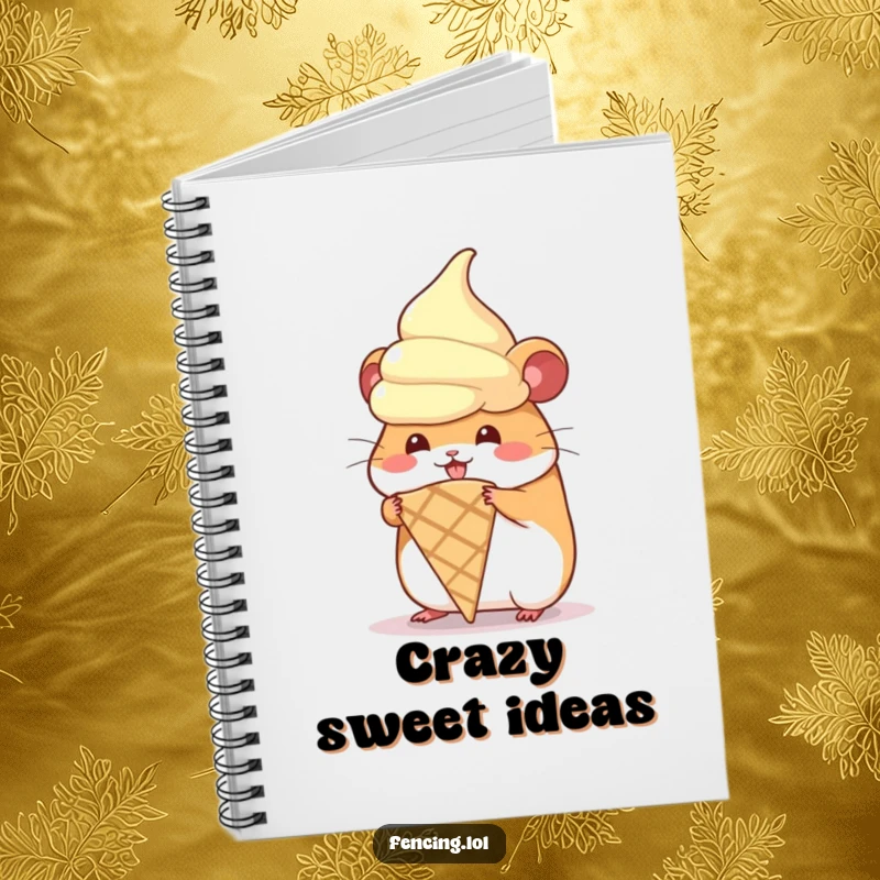 Funny notebook with a hamster hilariously trying to wear a giant ice cream cone, perfect for notes and ideas.