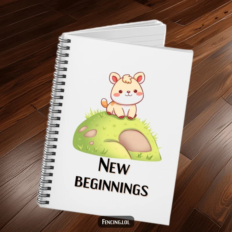 Funny notebook cover showing a happy animal landing gently on a grassy hill, perfect for capturing ideas with humor.