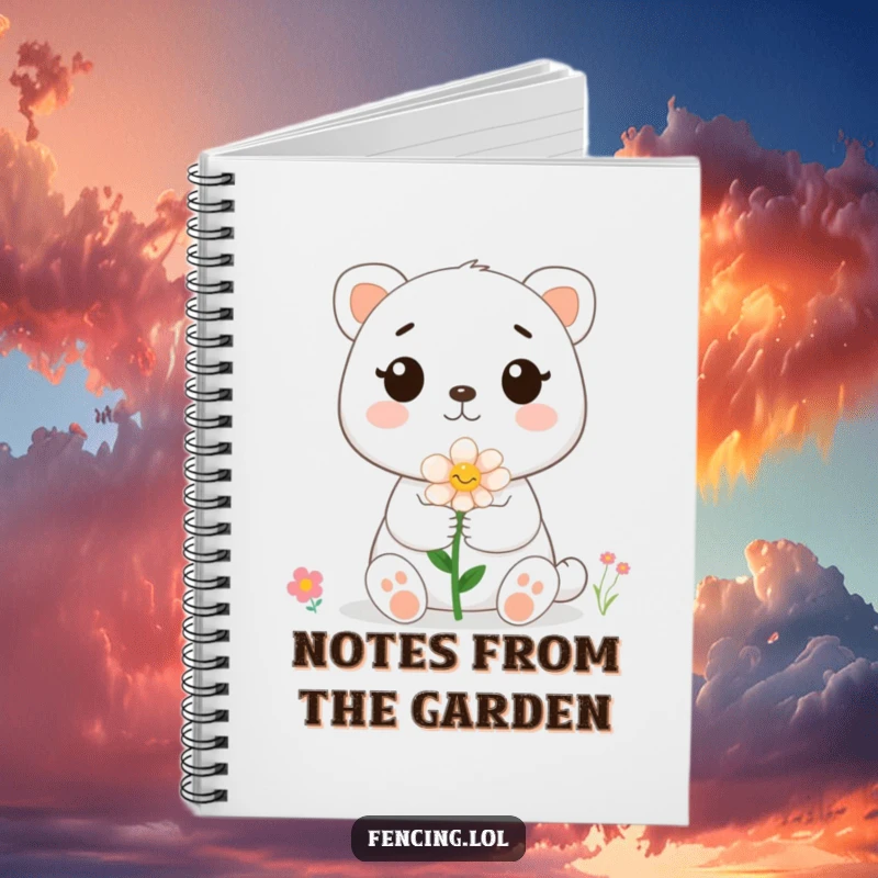 Funny cute animal giving a flower to a bee on a notebook cover, inspiring smiles while jotting down notes.