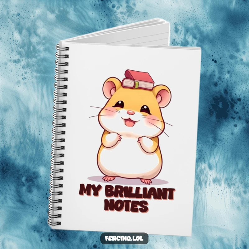Funny notebook with a giggling hamster balancing a small book on its head, perfect for jotting down brilliant ideas and thoughts.