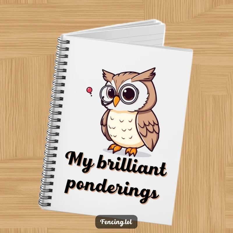 Funny notebook cover featuring a thoughtful owl with a monocle pondering a question mark, ideal for notes and intellectual exploration, great gift.