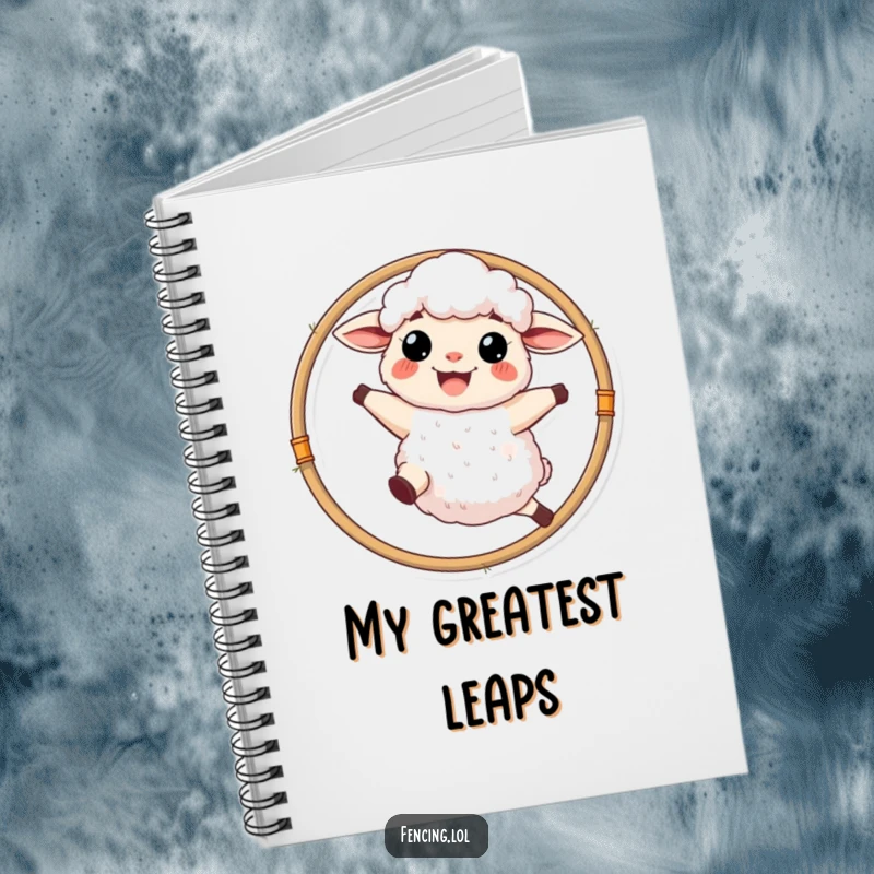 Funny fluffy sheep with a wide grin leaping through a hoop, perfect notebook for ideas.