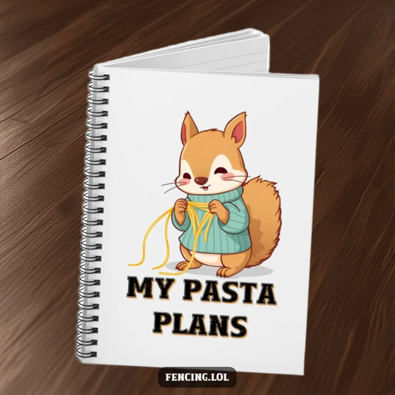 Funny squirrel notebook, humorously knitting a sweater out of spaghetti, ideal for jotting down funny ideas.