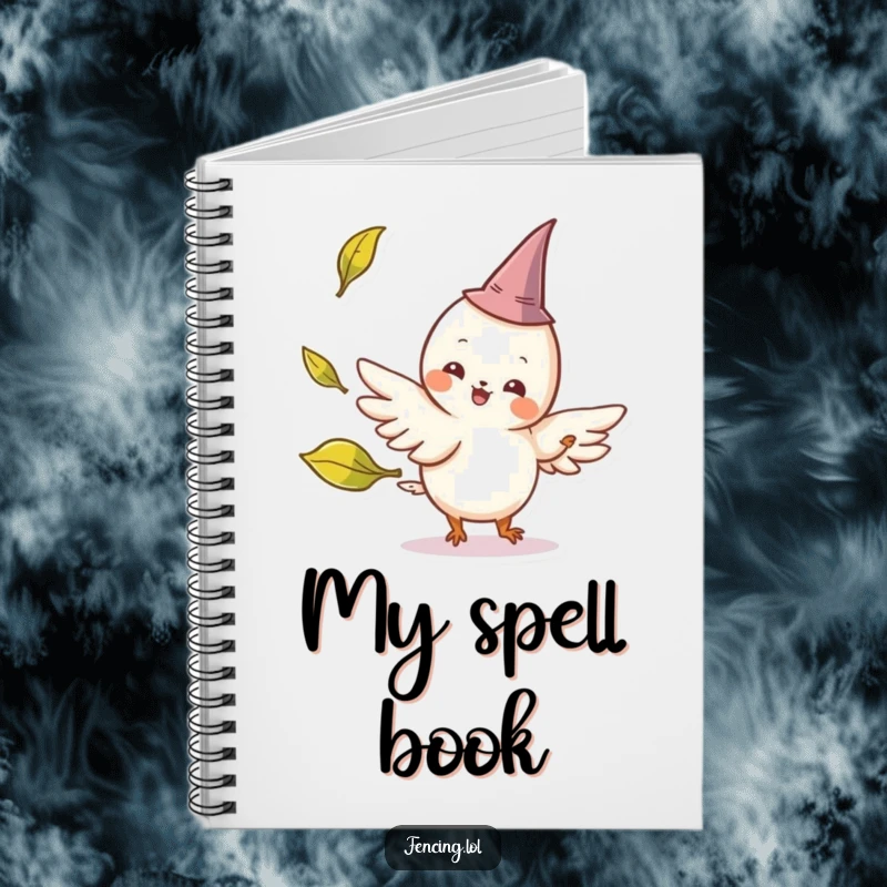 Funny notebook cover with a cheerful, winged creature wearing a tiny pointed hat parrying a playfully tossed leaf, great for journaling imaginative stories.