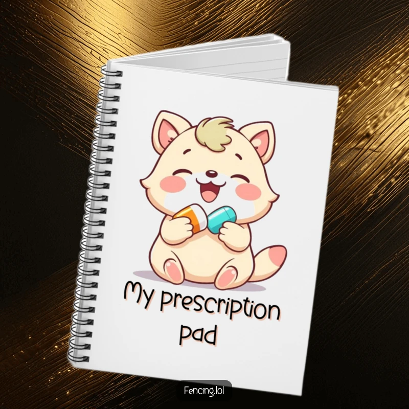 Funny notebook, joyful animal gently giving a colorful pill, for recording happy thoughts and humorous notes.