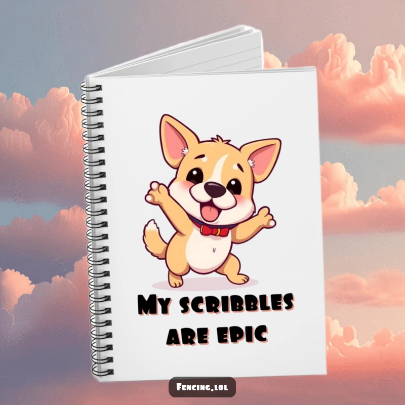 Funny wobbly dog notebook, tripping while gesturing grandly, perfect for notes and plans, humorous gift.