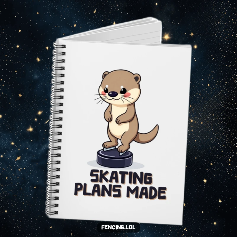 Funny notebook featuring a determined otter balancing on a puck while skating, ideal for note-taking, offering a humorous and inspiring design for focus, a unique gift.