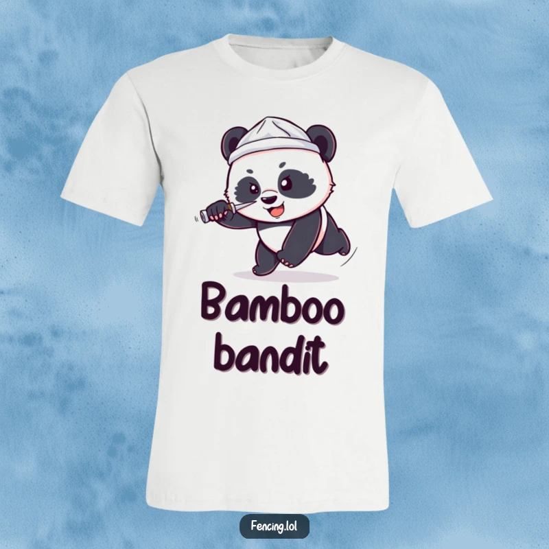 Funny t-shirt print of a small, determined panda wearing a tiny foil hat lunging forward with a foil, a comical depiction of ambition.