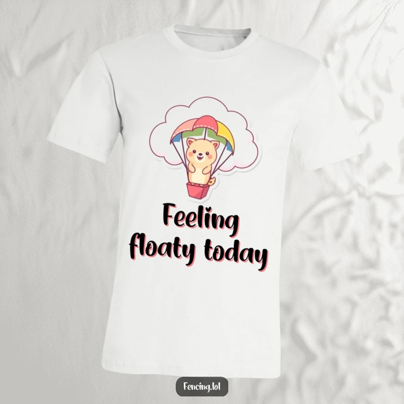 Funny t-shirt graphic of a happy animal descending from a fluffy cloud via a colorful parachute.