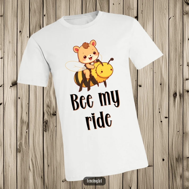 Funny animal t-shirt with a cheerful animal riding a large bee, capturing a humorous adventure.