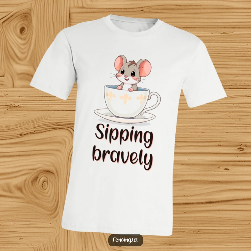 Funny brave mouse t-shirt, adventuring inside a giant teacup, showcasing small-scale bravery with humor.