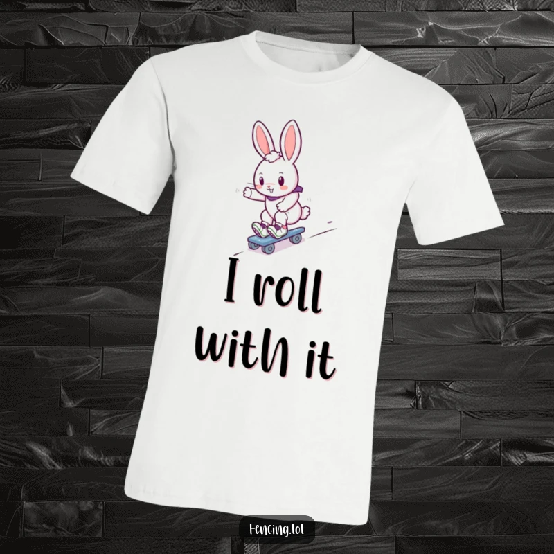 Funny bunny roller skater t-shirt, a cute rabbit speeding down a slope on roller skates, showcasing awesome moves.