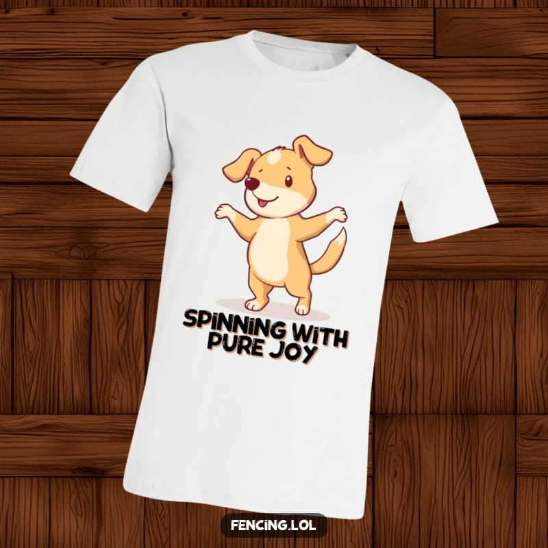 Funny t-shirt with a curious dog performing a pirouette with a happy, wagging tail, radiating pure canine delight.