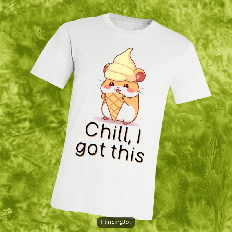 Funny t-shirt with a hamster hilariously trying to wear a large ice cream cone, perfect for dessert lovers.