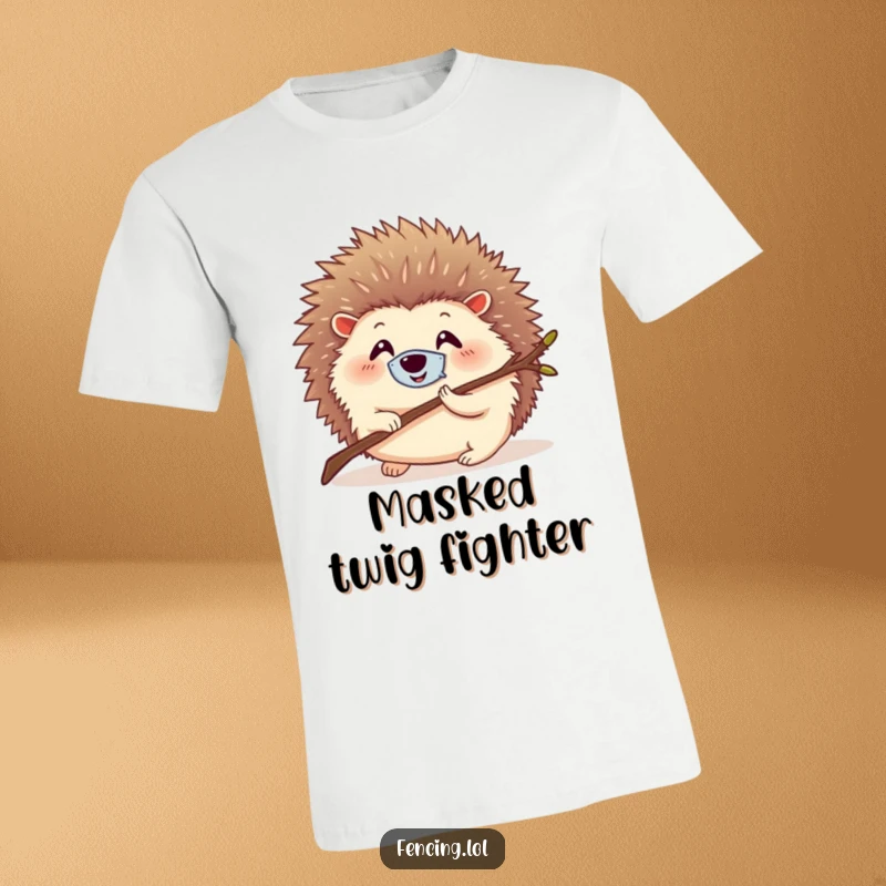 Funny t-shirt featuring a round, smiling hedgehog with a tiny mask, comically lunging forward with a twig, looking heroic.