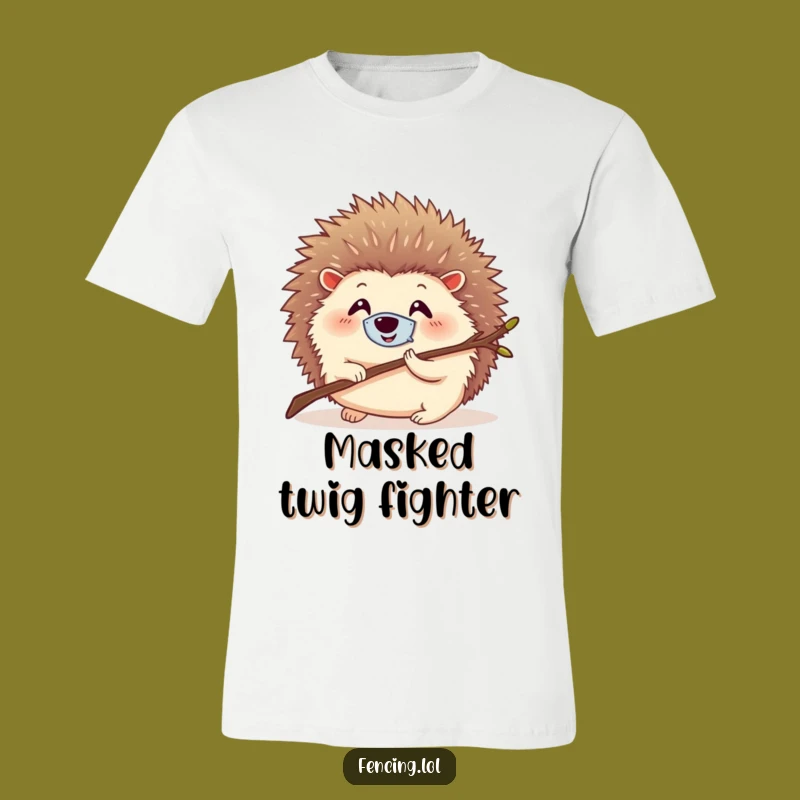 Funny Hedgehog Mask T-Shirt: Tiny Warrior Lunging With A Twig