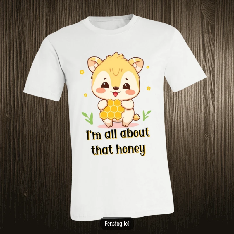 Funny t-shirt featuring a joyful animal carefully holding a golden honeycomb, expressing gentle delight.