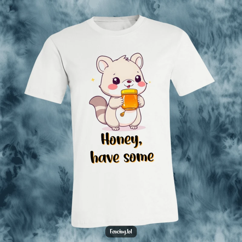 Funny t-shirt depicting a playful animal holding out a jar of honey, embodying generosity and fun.