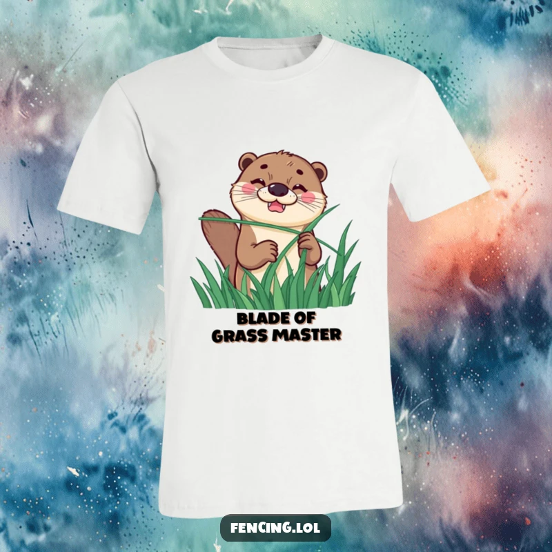 Funny t-shirt featuring a happy otter with a determined grin, engaged in a comical fencing match using a long blade of grass.