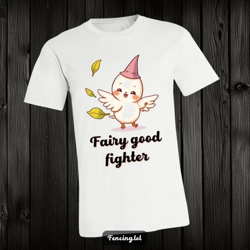 Funny t-shirt print of a cheerful, winged creature with a tiny pointed hat parrying a playfully tossed leaf, a magical and amusing scene.